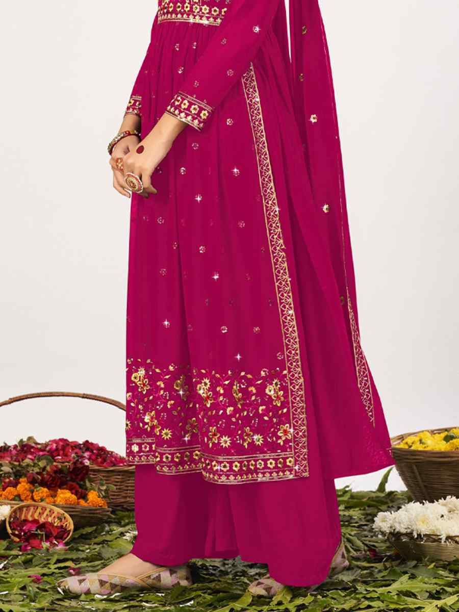 Rani Pink Georgette Embroidered Festival Wedding Palazzo Pant Salwar Kameez