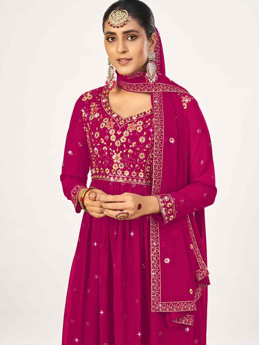 Rani Pink Georgette Embroidered Festival Wedding Palazzo Pant Salwar Kameez