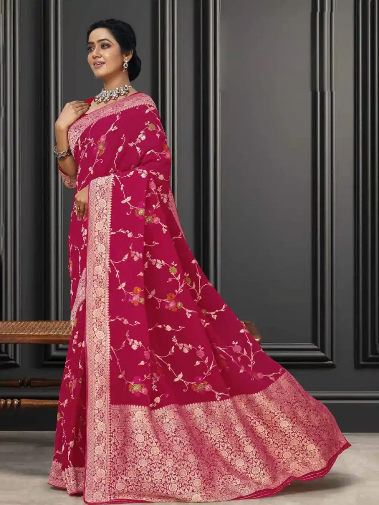 Rani Pink Georgette Handwoven Festival Wedding Heavy Border Saree