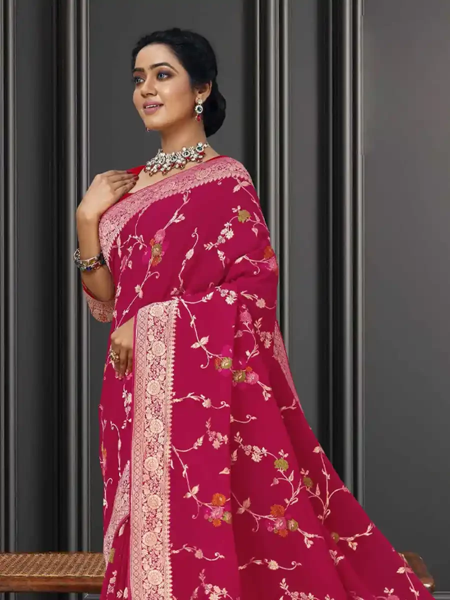 Rani Pink Georgette Handwoven Festival Wedding Heavy Border Saree