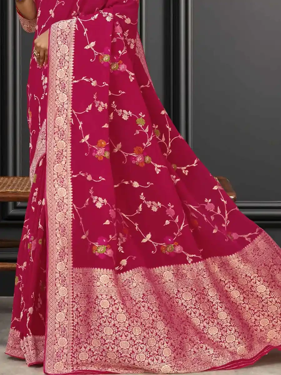 Rani Pink Georgette Handwoven Festival Wedding Heavy Border Saree