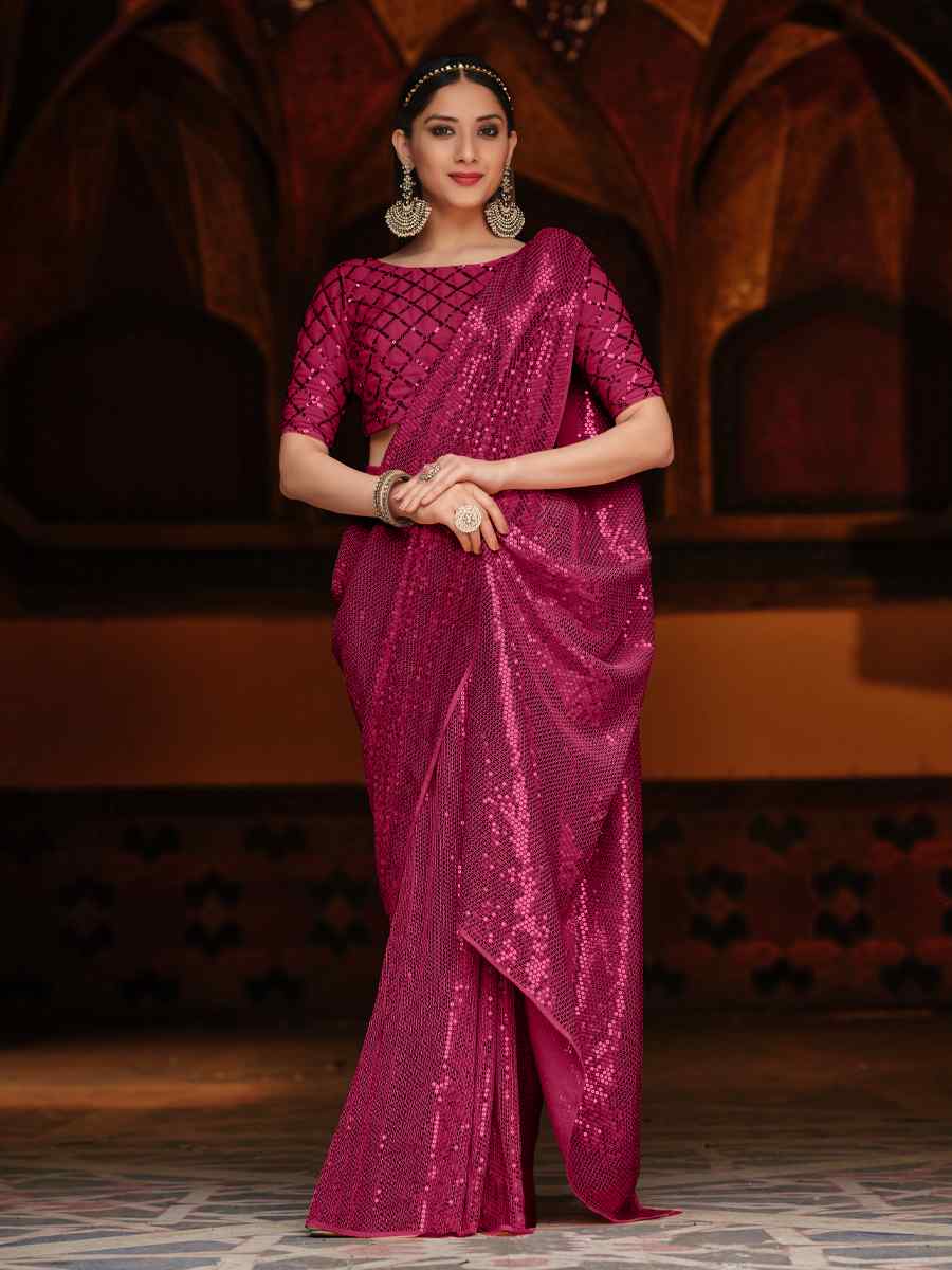 Rani Pink Georgette Sequins Cocktail Party Classic Style Saree