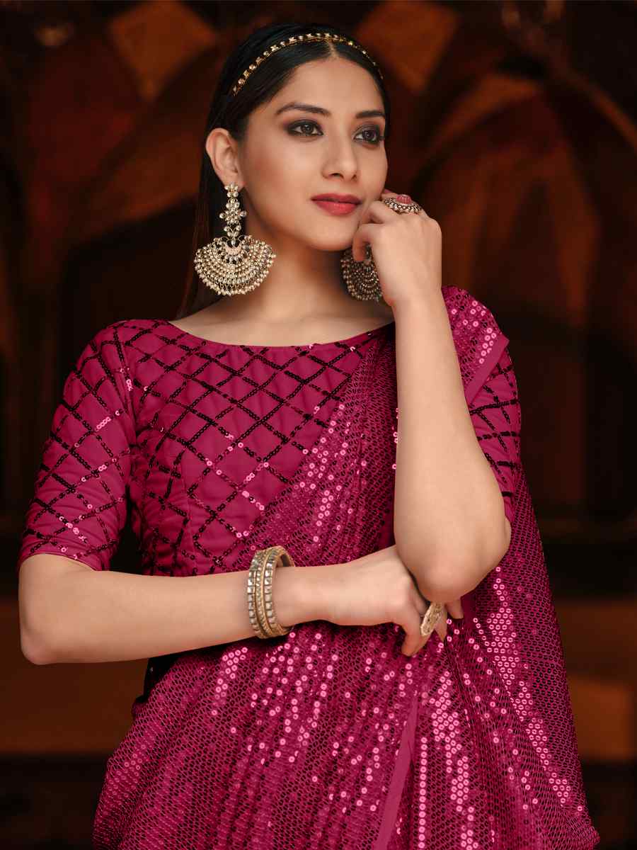 Rani Pink Georgette Sequins Cocktail Party Classic Style Saree