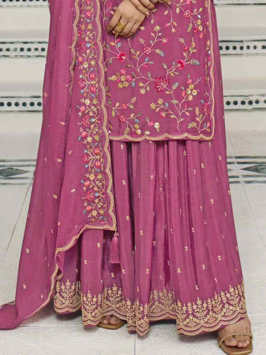 Rani Pink Heavy Blooming Viscose Chinon Embroidered Festival Wedding Palazzo Pant Bollywood Style Salwar Kameez