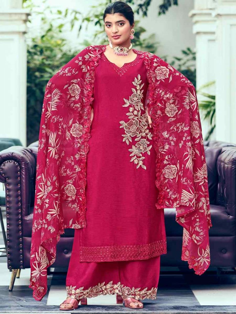 Rani Pink Heavy Premium Chinon Embroidered Festival Mehendi Palazzo Pant Salwar Kameez