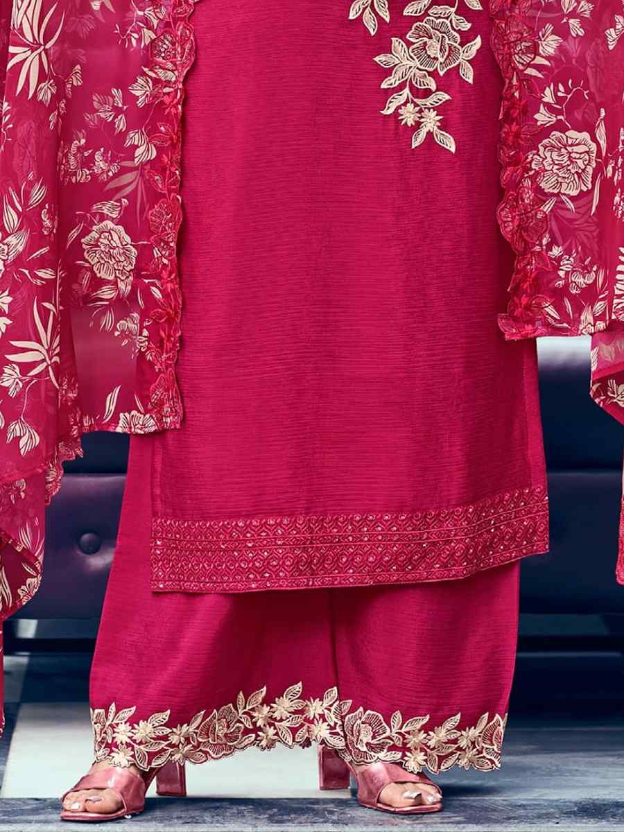 Rani Pink Heavy Premium Chinon Embroidered Festival Mehendi Palazzo Pant Salwar Kameez