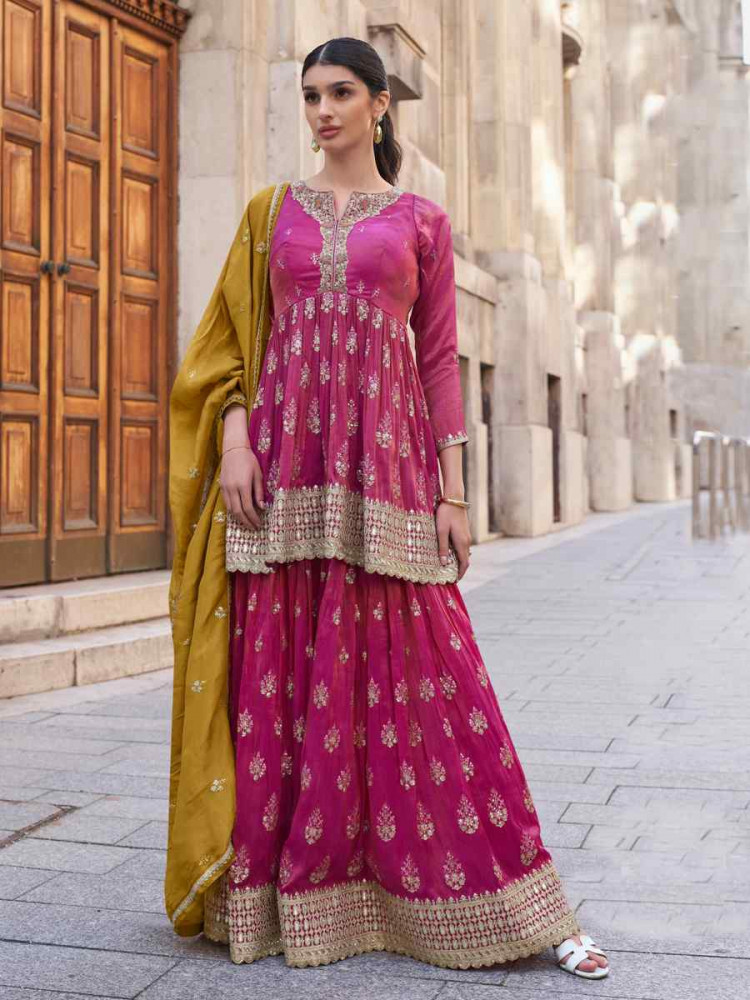 Rani Pink Heavy Real Simar Embroidered Festival Casual Ready Sharara Pant Salwar Kameez