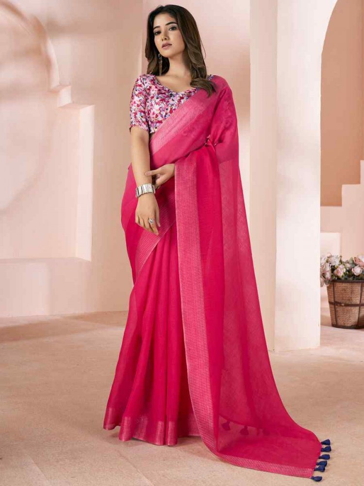 Rani Pink Linen Printed Festival Casual Contemporary Saree