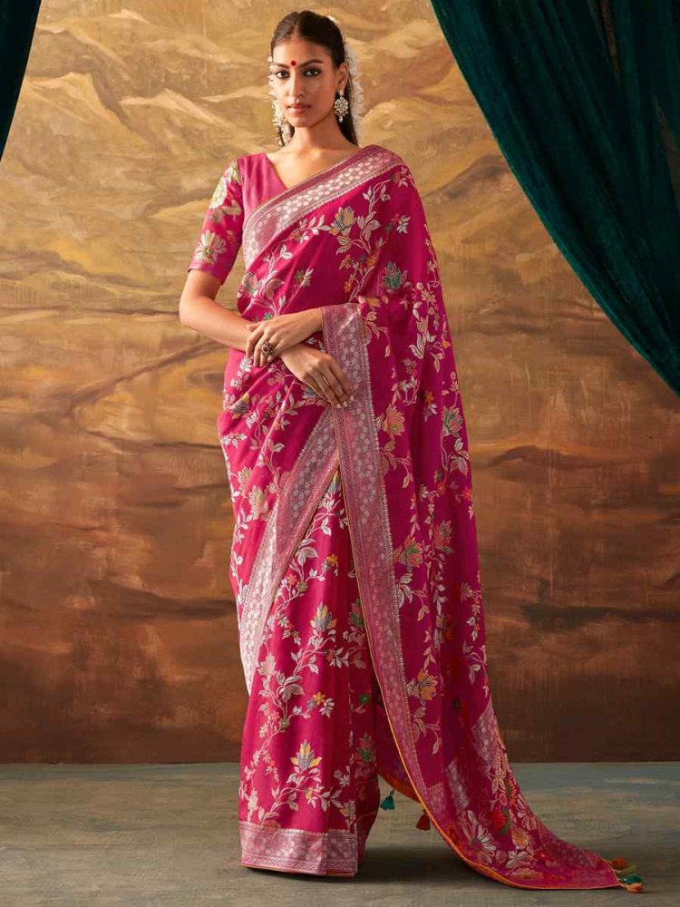 Rani Pink Munga Silk Handwoven Wedding Festival Heavy Border Saree