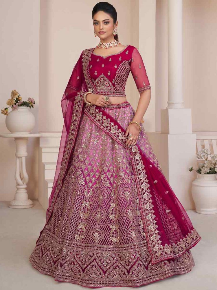 Buy Pink Raw Silk Embroidered Sequin Work Plunge Rani Bridal Lehenga Set  For Women by Studio Iris India Online at Aza Fashions.