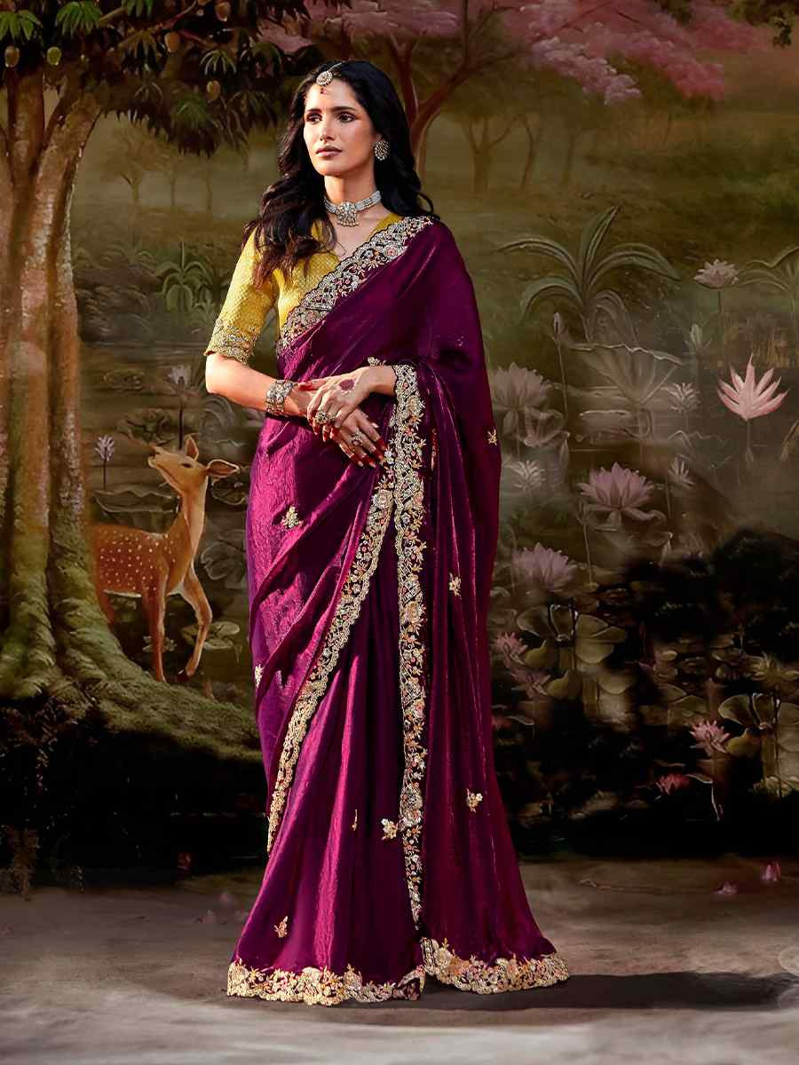 Rani Pink Organza Chiffon Embroidered Reception Party Heavy Border Saree