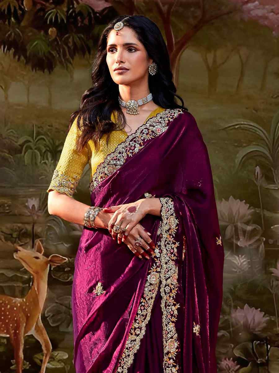 Rani Pink Organza Chiffon Embroidered Reception Party Heavy Border Saree