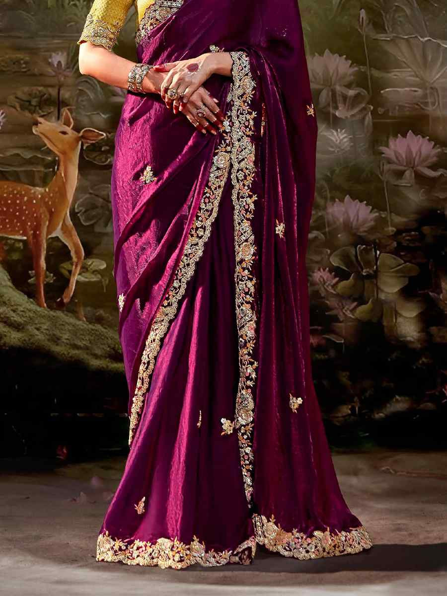 Rani Pink Organza Chiffon Embroidered Reception Party Heavy Border Saree