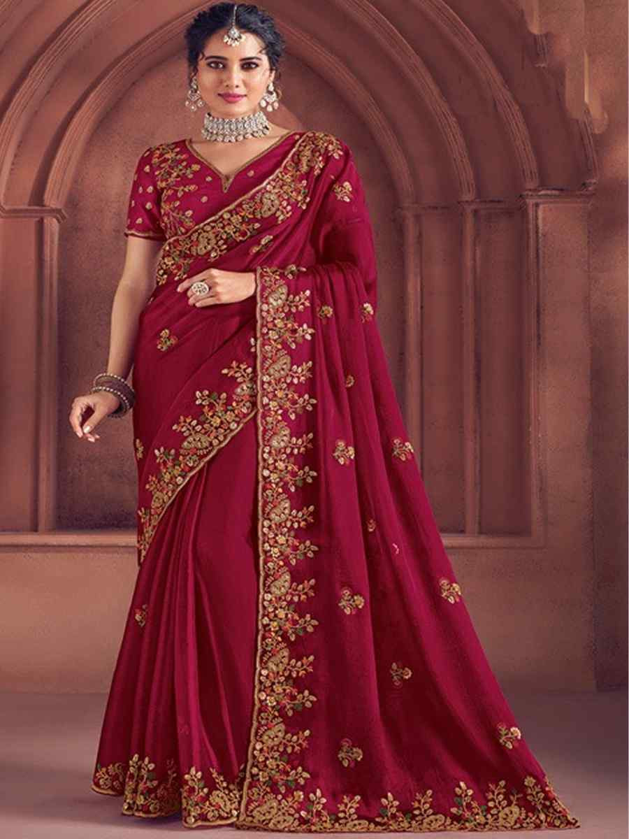 Rani Pink Organza Embroidered Bridesmaid Wedding Heavy Border Saree