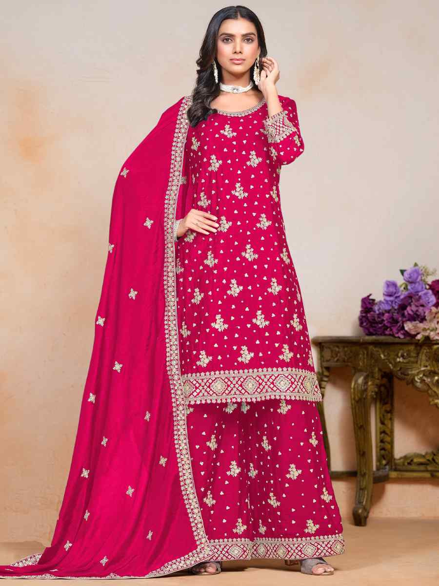 Rani Pink Premium Fiber Chinon Embroidered Festival Wedding Ready Sharara Pant Salwar Kameez