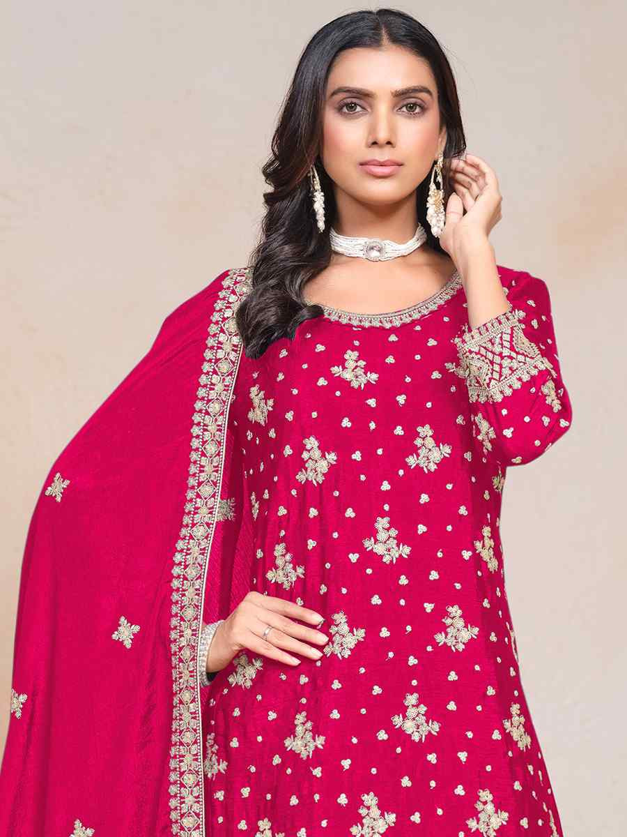 Rani Pink Premium Fiber Chinon Embroidered Festival Wedding Ready Sharara Pant Salwar Kameez