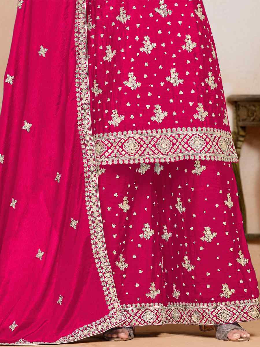 Rani Pink Premium Fiber Chinon Embroidered Festival Wedding Ready Sharara Pant Salwar Kameez