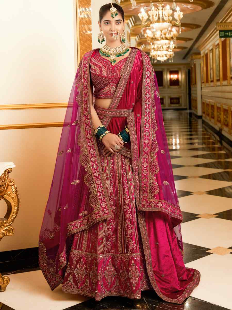 Rani Pink Premium Lycra Velvet Embroidered Wedding Bridal Heavy Border Lehenga Choli