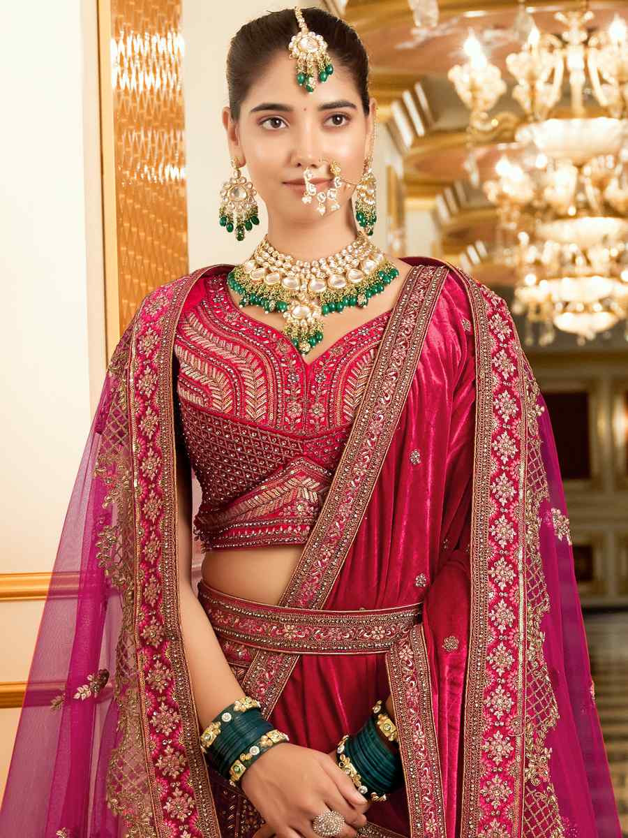 Rani Pink Premium Lycra Velvet Embroidered Wedding Bridal Heavy Border Lehenga Choli