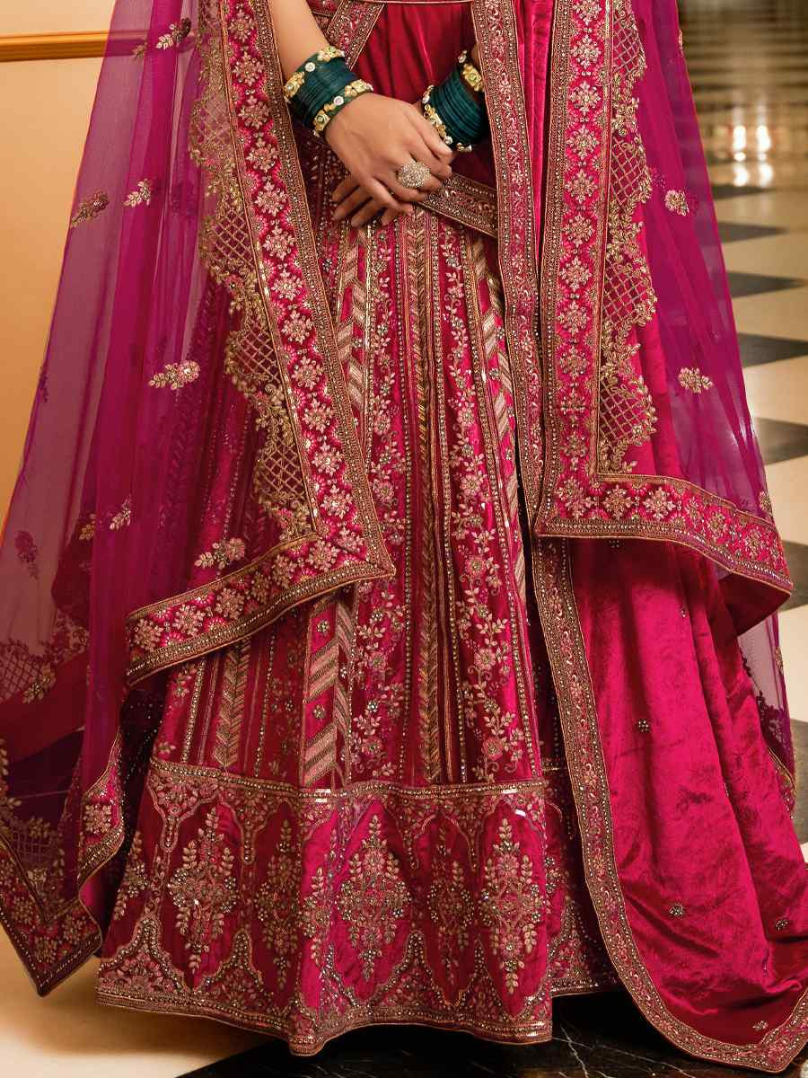 Rani Pink Premium Lycra Velvet Embroidered Wedding Bridal Heavy Border Lehenga Choli