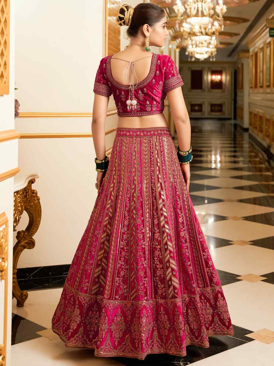 Rani Pink Premium Lycra Velvet Embroidered Wedding Bridal Heavy Border Lehenga Choli