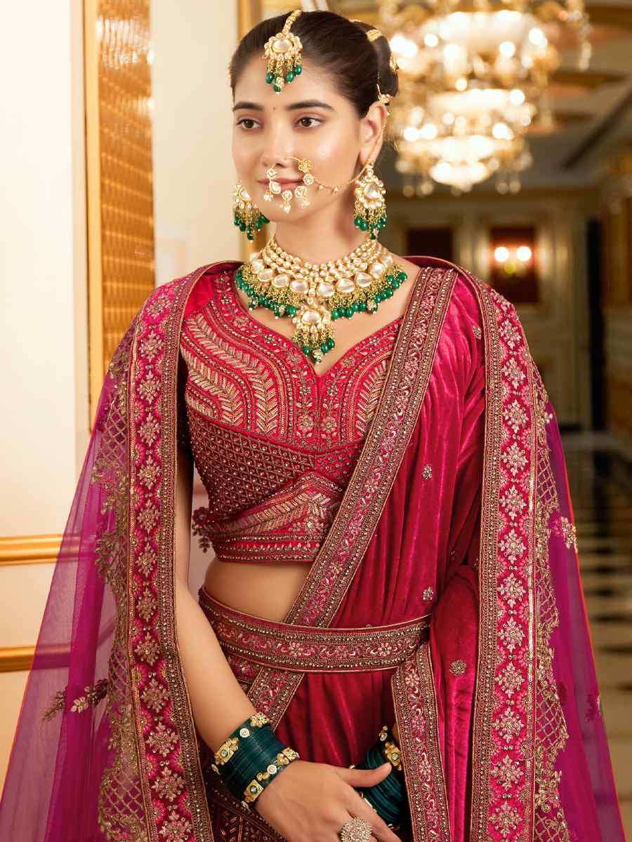 Rani Pink Premium Lycra Velvet Embroidered Wedding Bridal Heavy Border Lehenga Choli