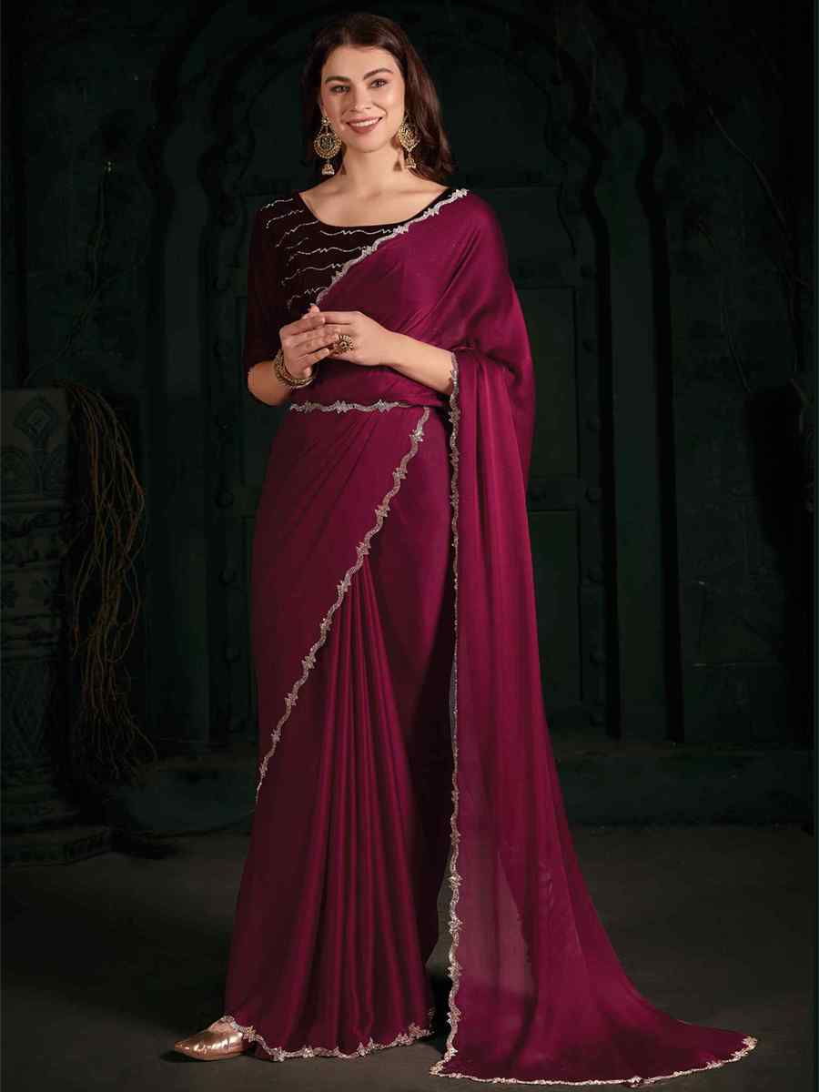 Rani Pink Pure Chiffon Silk Handwoven Wedding Festival Heavy Border Saree