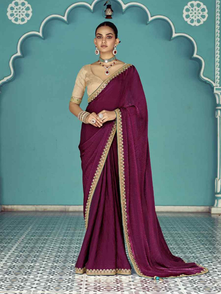 Rani Pink Pure fancy Silk Embroidered Bridesmaid Reception Heavy Border Saree