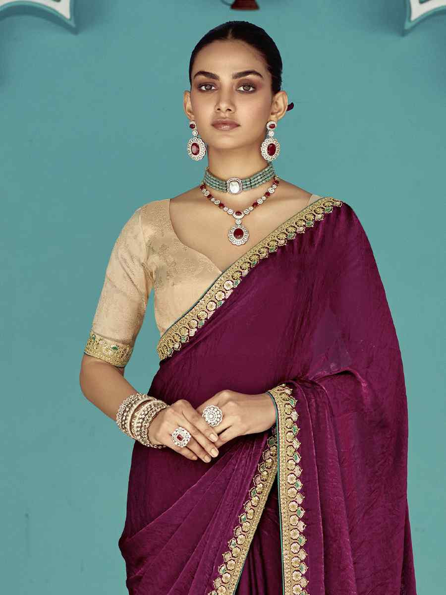 Rani Pink Pure fancy Silk Embroidered Bridesmaid Reception Heavy Border Saree