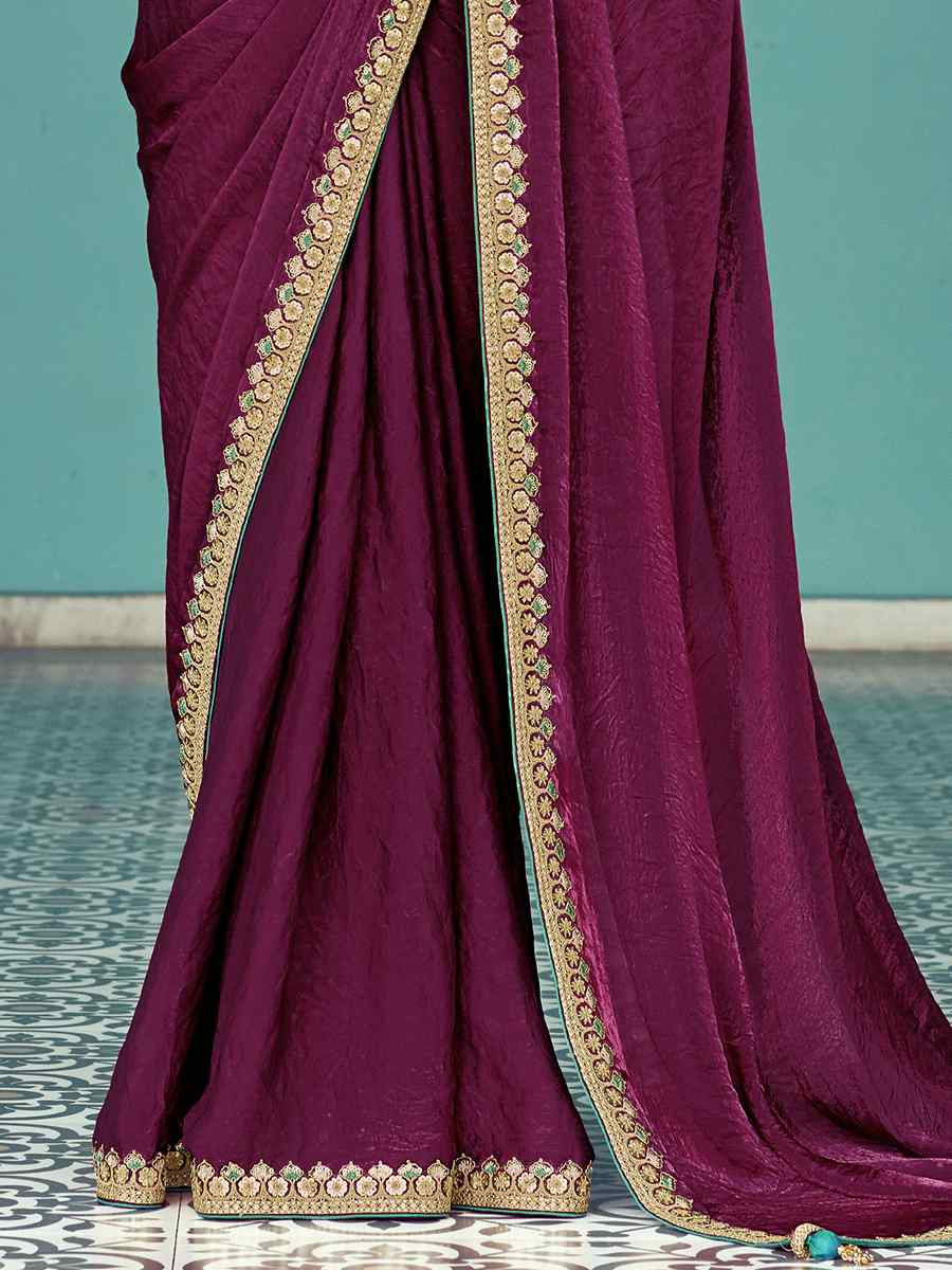 Rani Pink Pure fancy Silk Embroidered Bridesmaid Reception Heavy Border Saree