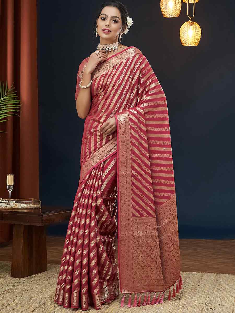 Rani Pink Pure Georgette Handwoven Festival Wedding Heavy Border Saree