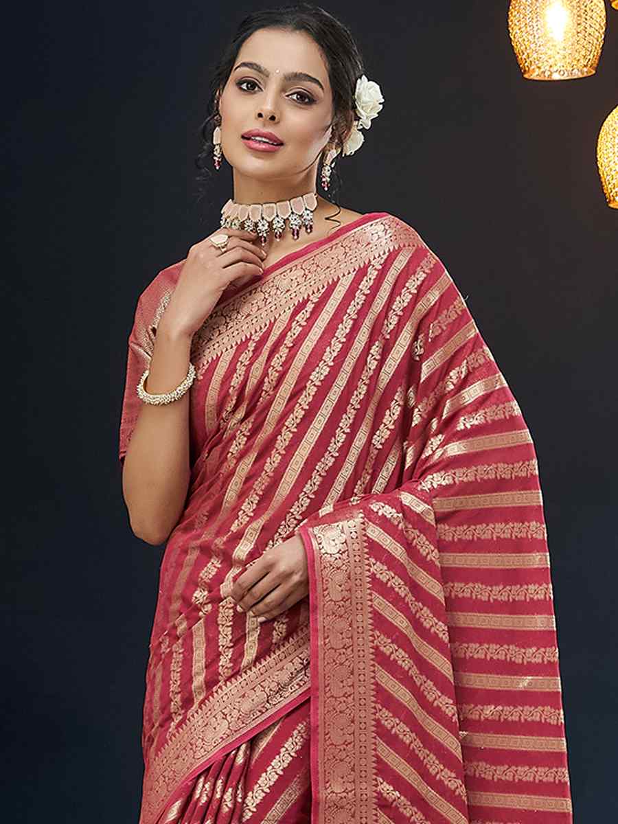 Rani Pink Pure Georgette Handwoven Festival Wedding Heavy Border Saree