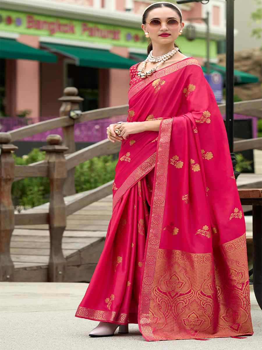 Rani Pink Pure Satin Handwoven Festival Wedding Heavy Border Saree