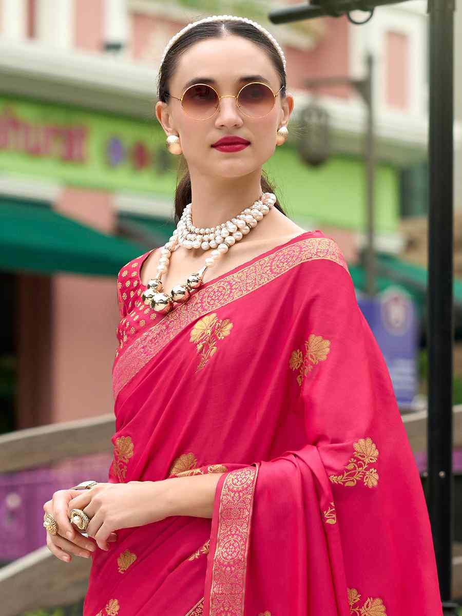 Rani Pink Pure Satin Handwoven Festival Wedding Heavy Border Saree