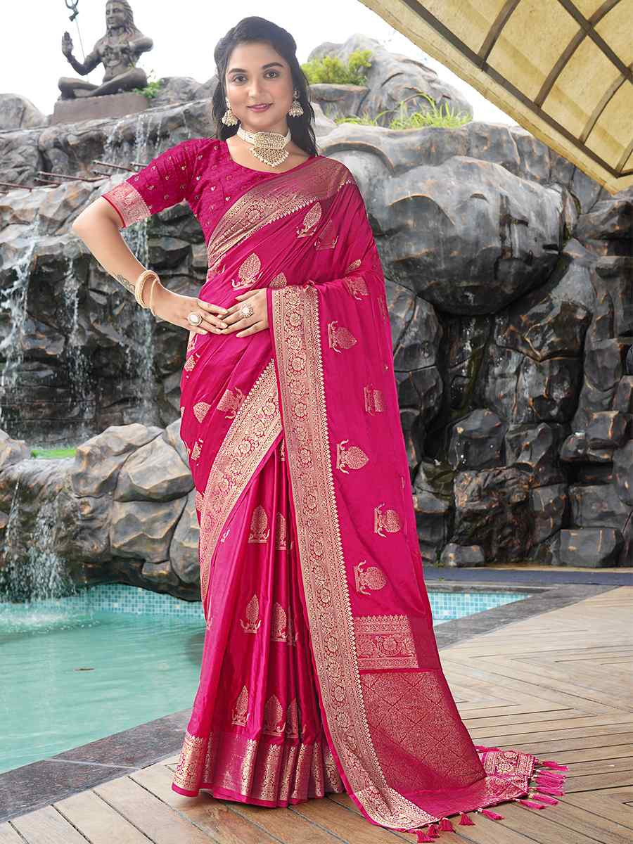 Rani Pink Pure Satin Silk Handwoven Festival Wedding Heavy Border Saree