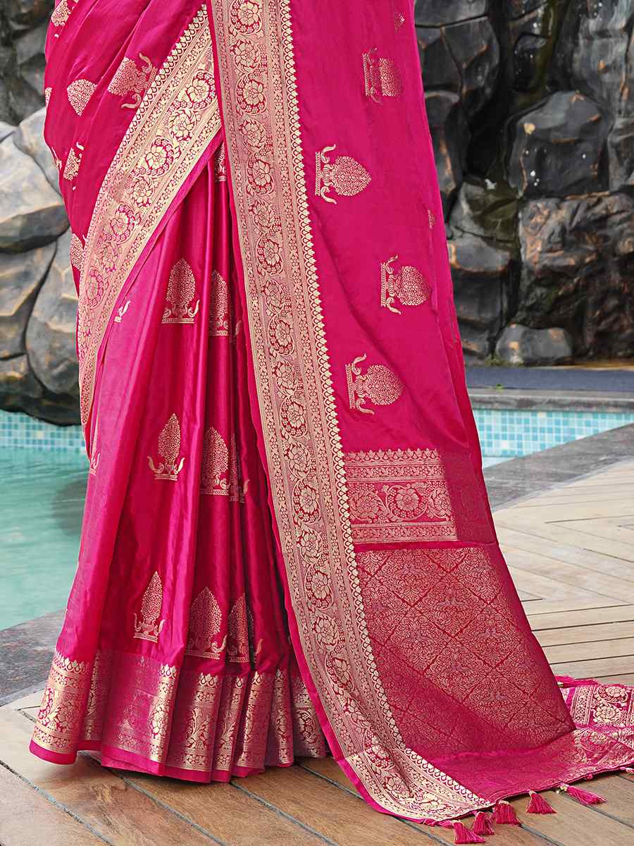 Rani Pink Pure Satin Silk Handwoven Festival Wedding Heavy Border Saree