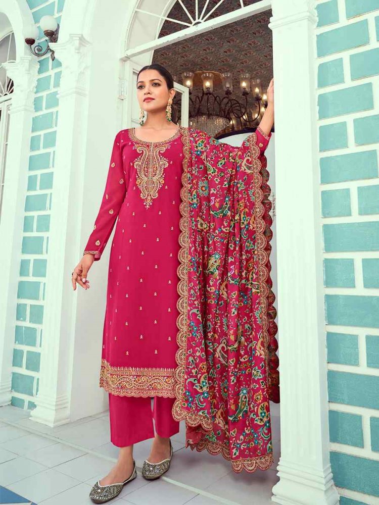 Rani Pink Real Georgette Embroidered Festival Wedding Pant Salwar Kameez