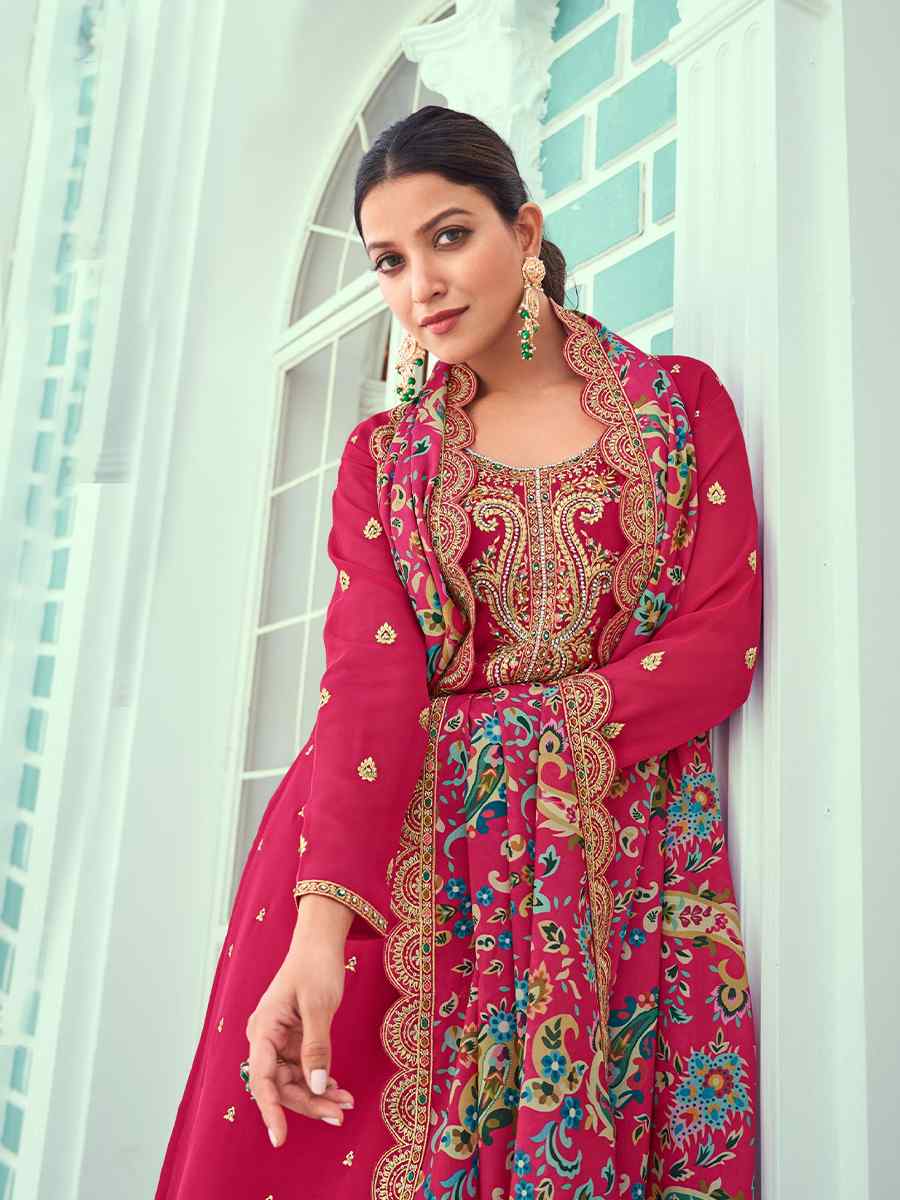 Rani Pink Real Georgette Embroidered Festival Wedding Pant Salwar Kameez