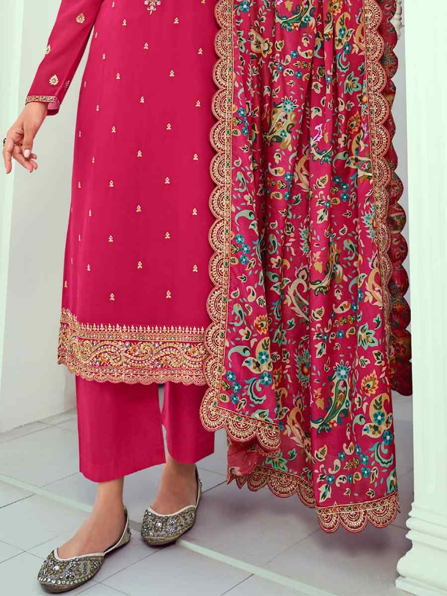 Rani Pink Real Georgette Embroidered Festival Wedding Pant Salwar Kameez