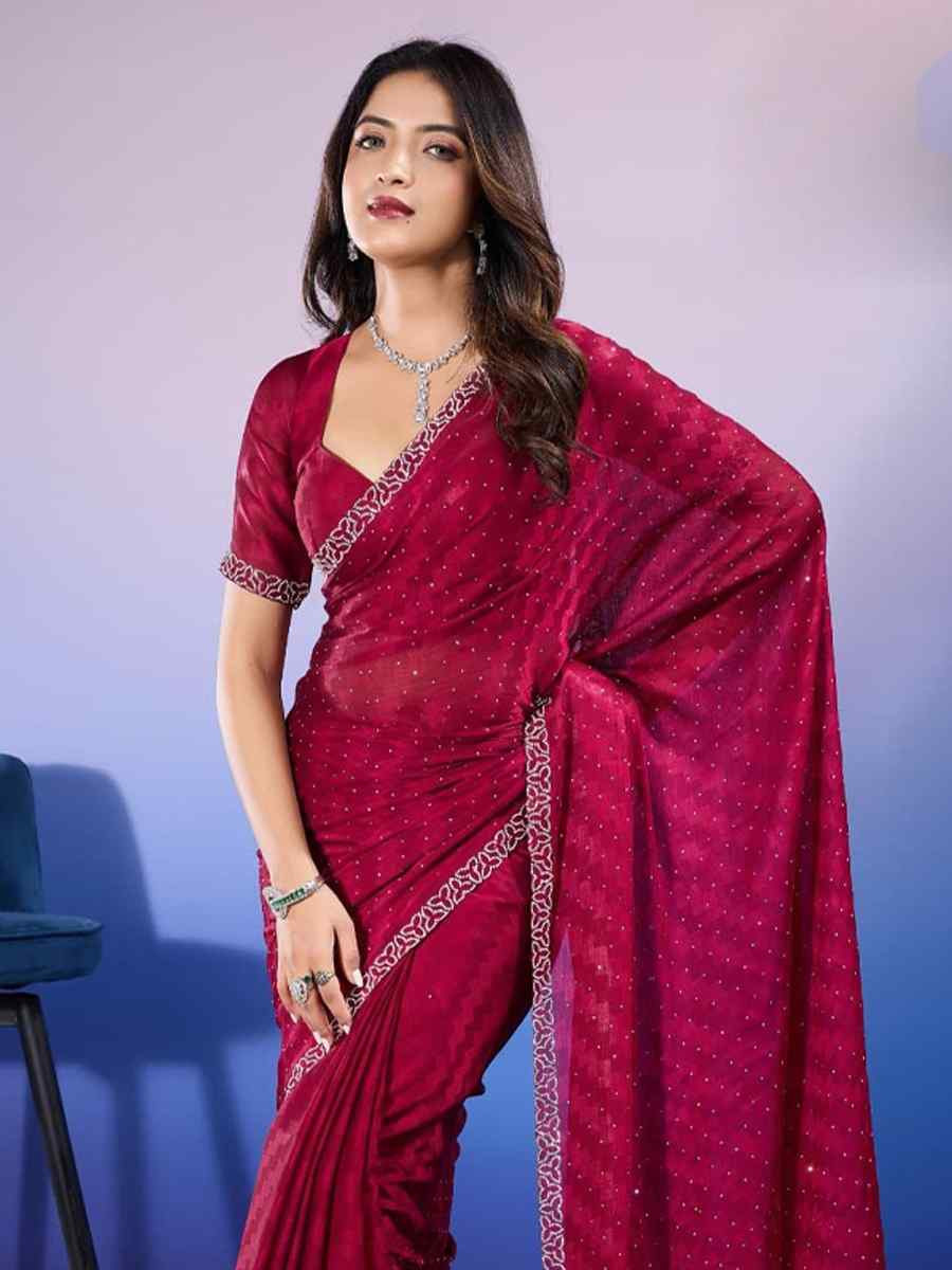 Rani Pink Satin Chiffon Handwoven Festival Wedding Heavy Border Saree