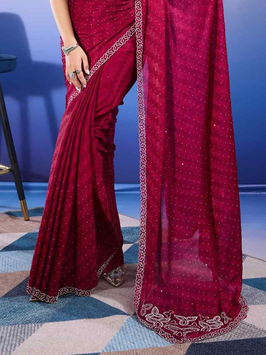 Rani Pink Satin Chiffon Handwoven Festival Wedding Heavy Border Saree