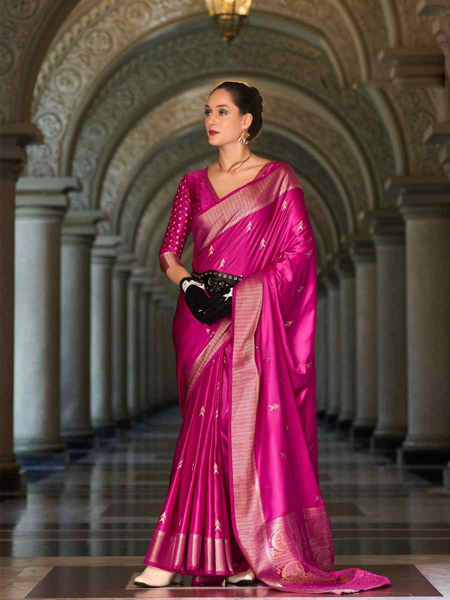 Rani Pink Satin Silk Handwoven Festival Wedding Heavy Border Saree