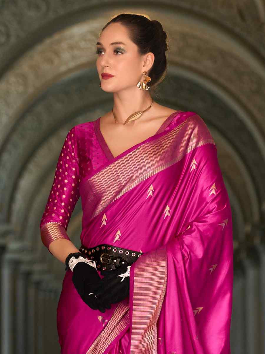 Rani Pink Satin Silk Handwoven Festival Wedding Heavy Border Saree