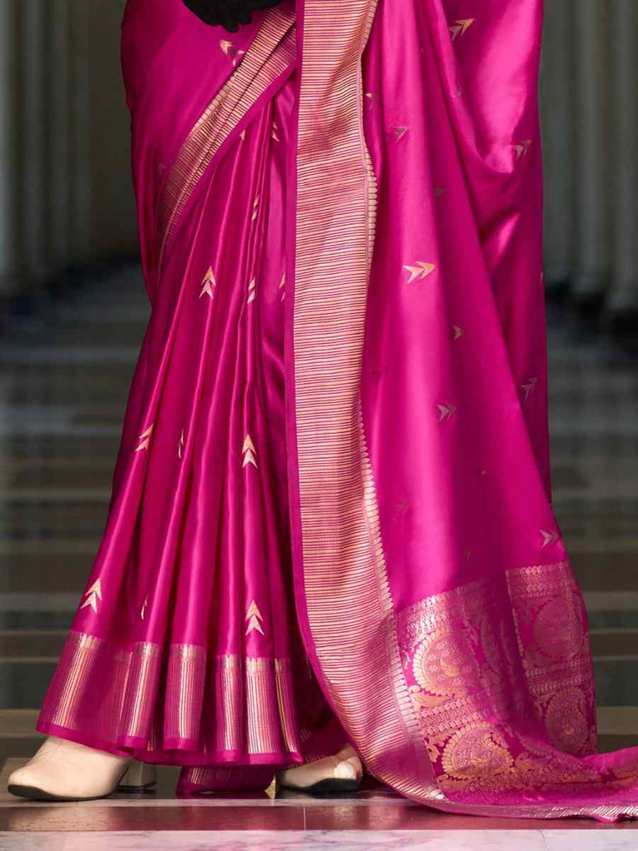 Rani Pink Satin Silk Handwoven Festival Wedding Heavy Border Saree