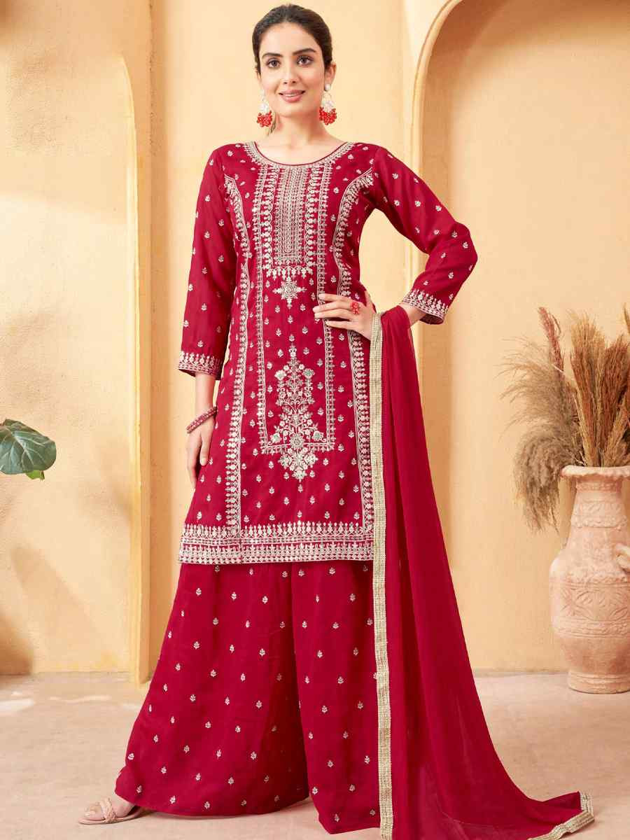 Rani Pink Silk Embroidered Festival Casual Ready Palazzo Pant Salwar Kameez