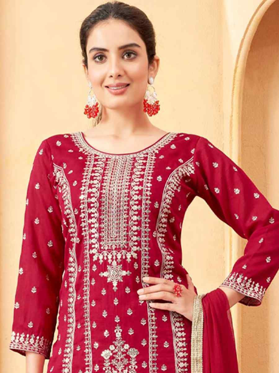 Rani Pink Silk Embroidered Festival Casual Ready Palazzo Pant Salwar Kameez