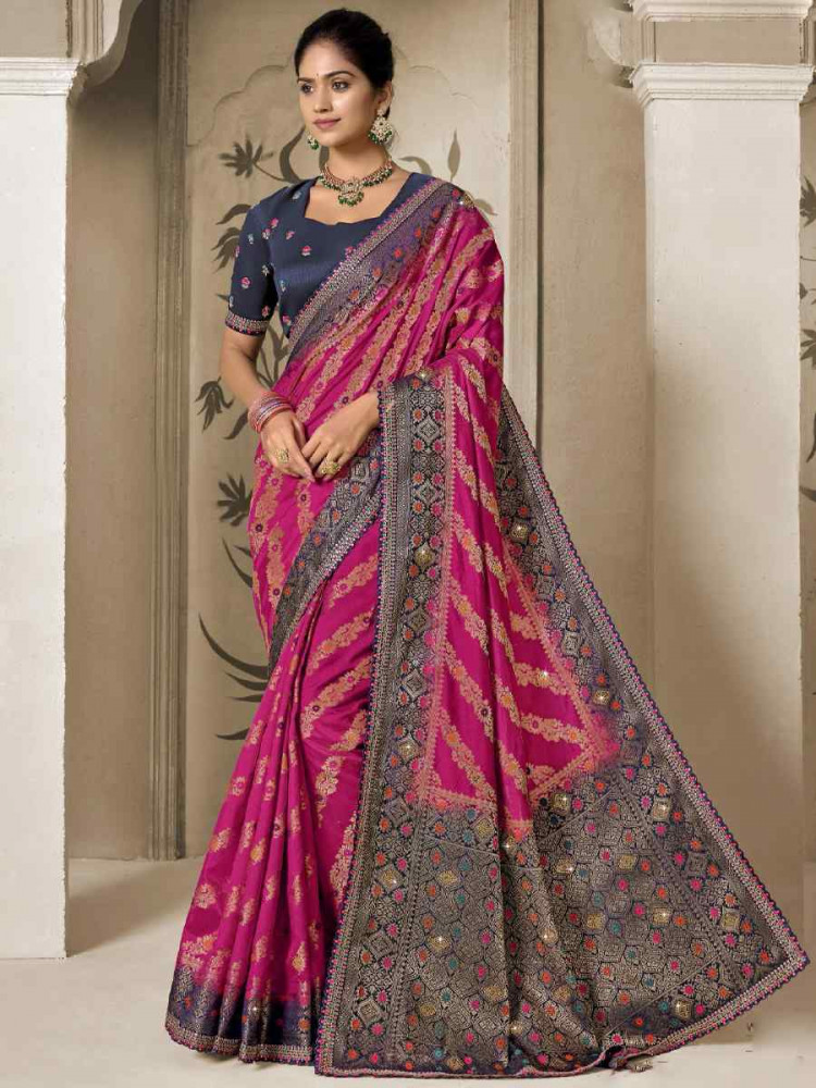 Rani Pink Silk Embroidered Reception Wedding Heavy Border Saree