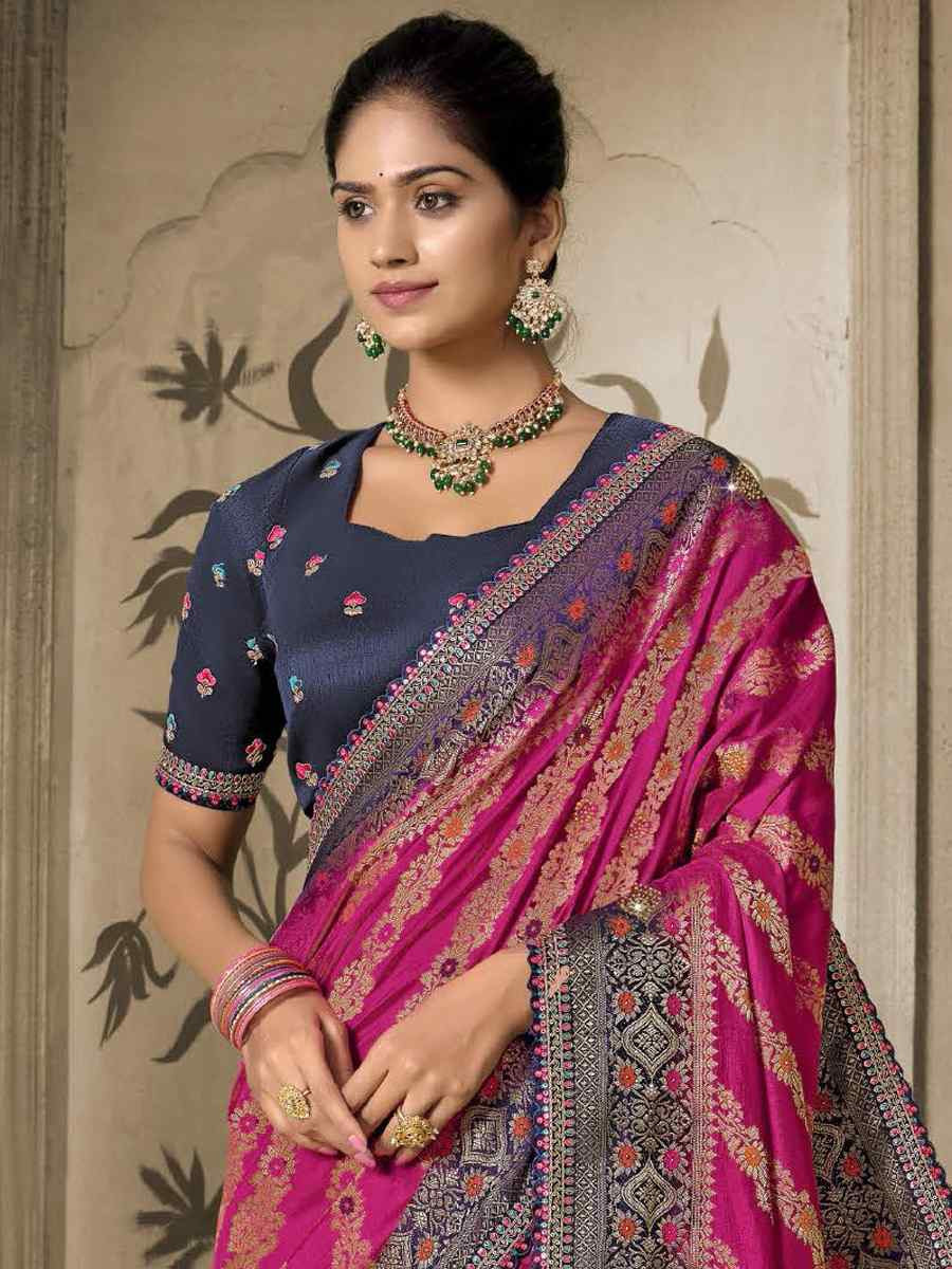 Rani Pink Silk Embroidered Reception Wedding Heavy Border Saree