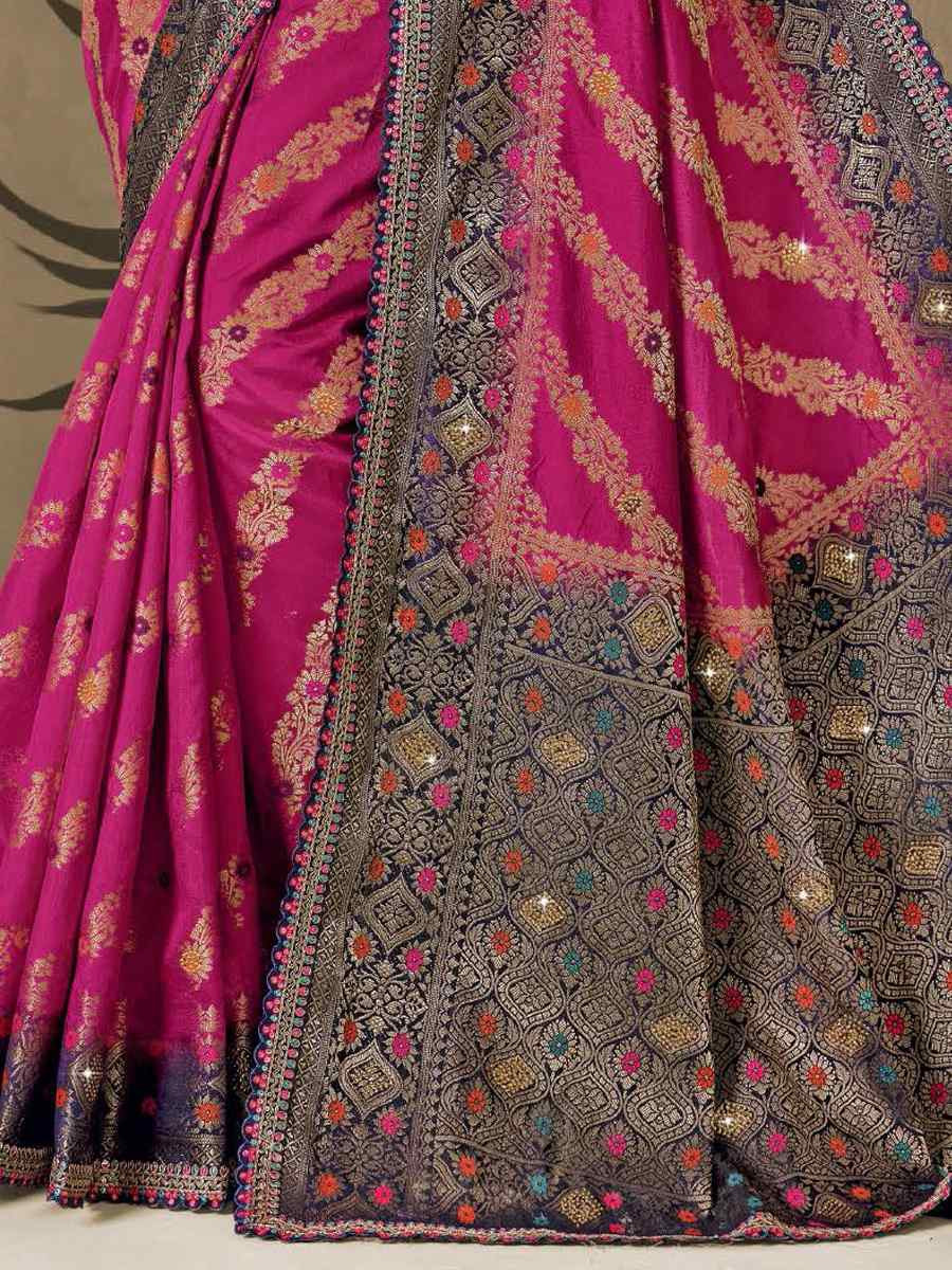 Rani Pink Silk Embroidered Reception Wedding Heavy Border Saree