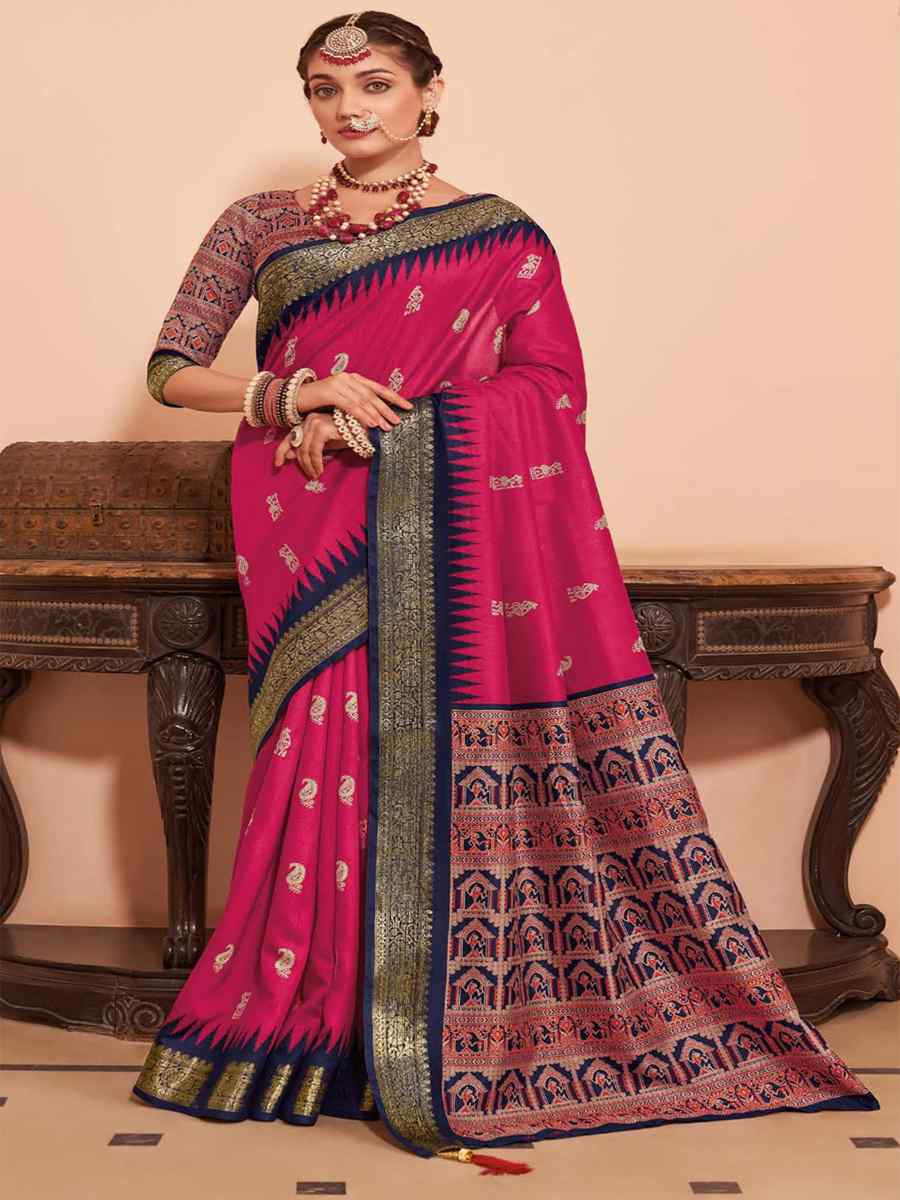 Rani Pink Silk Handwoven Festival Wedding Heavy Border Saree